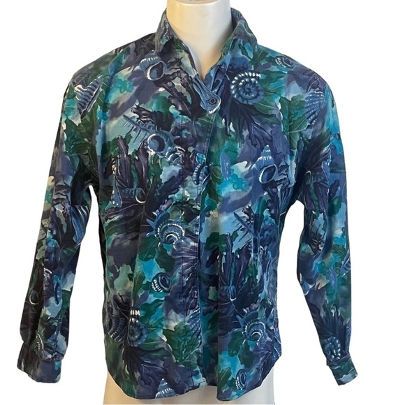 ROPER Blue and Green Shell and Leaf Pattern Button Up Long Sleeve Shirt - Picture 1 of 9